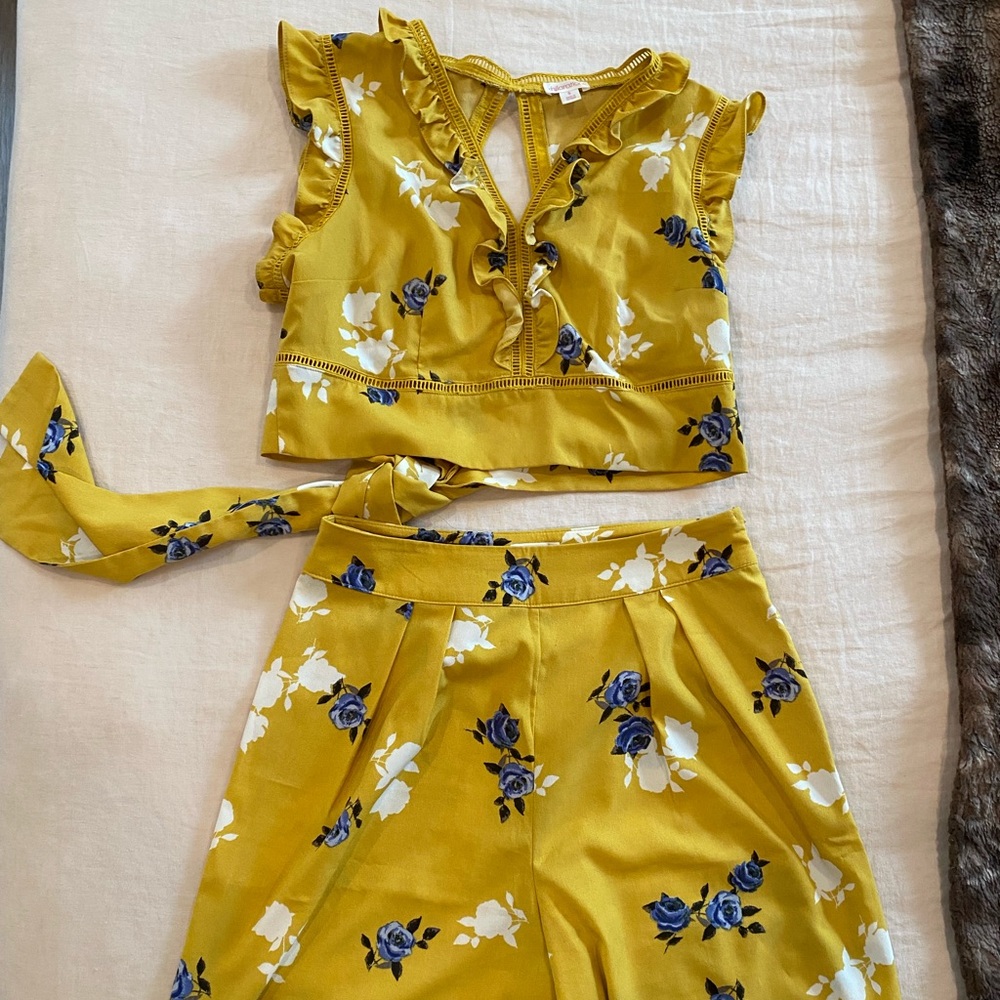 Yellow Floral Pant and Crop Top Set
